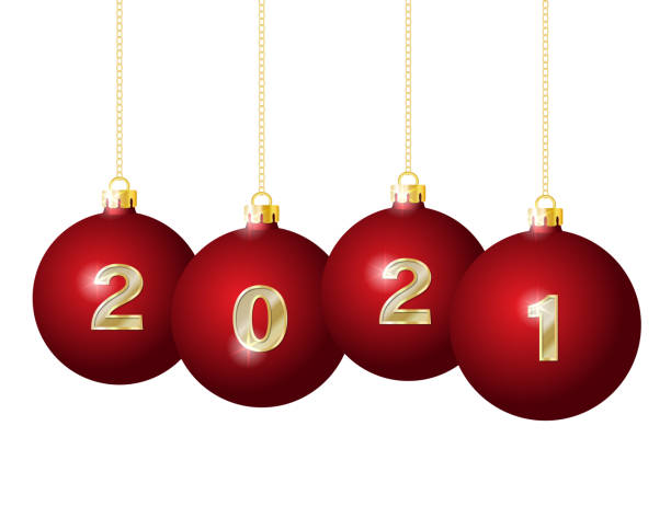 istock Glass Christmas Balls 2021 Hanging on Golden Chains. 1345346207
