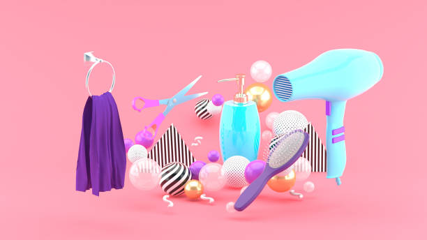istock Hairdressing amidst colorful balls on pink background.-3d rendering. 1345346332