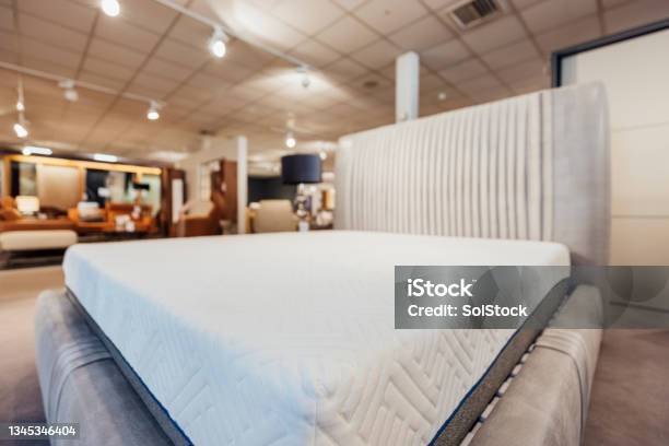 Showroom Bed And Mattress Stock Photo - Download Image Now - Mattress, Bed - Furniture, Luxury