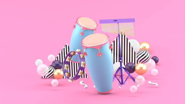 Percussion on colorful balls on pink background.-3d rendering.