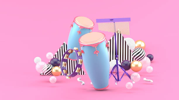 Percussion on colorful balls on pink background.-3d rendering. Percussion on colorful balls on pink background.-3d rendering. guiro stock pictures, royalty-free photos & images