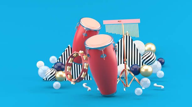 Percussion on colorful balls on blue background.-3d rendering. stock photo