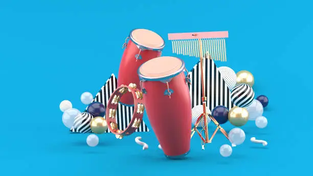 Percussion on colorful balls on blue background.-3d rendering.