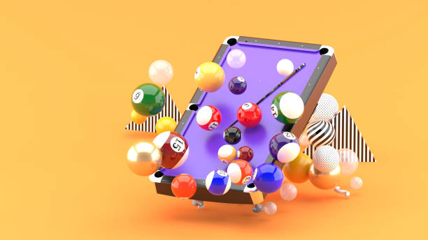 istock Pool table among the colorful balls on the orange background.-3d rendering. 1345346421