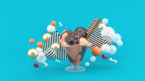 istock Ice cream in a glass cup surrounded by colorful balls on a blue background.-3d rendering. 1345346446