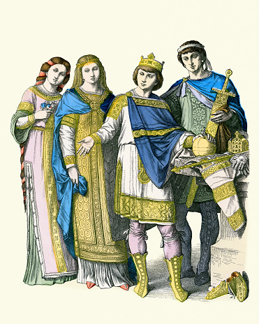 Vintage illustration of Franks, Nobles, Prince, Woman, fashion of Early Middle Ages, 5th to 10th Century