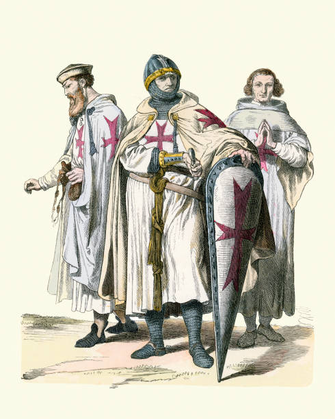Crusader knights, Templars, Kite shield, Chain mail armour, Medieval military fashions Vintage illustration of Knights Templar, 12th to 13th Century. The Poor Fellow-Soldiers of Christ and of the Temple of Solomon, commonly known as the Knights Templar, the Order of the Temple or simply as Templars, were among the most famous of the Western Christian military orders. knights templar stock illustrations
