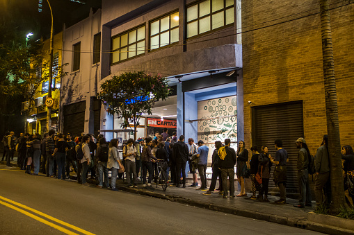 Sao Paulo, Brazil, September 20, 2014. people in front of CineSesc. cinema in Augusta street, downtown Sao Paulo, at night