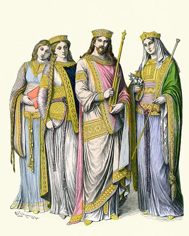 Vintage illustration of Charlemagne, Noble women with braided hair, fashion of Early Middle Ages, 8th to 9th Century