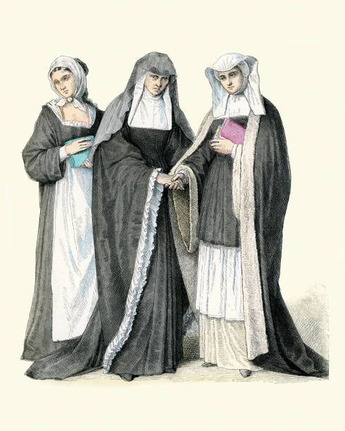 ilustrações, clipart, desenhos animados e ícones de freiras beneditinas do século xviii, hábitos, história da moda religous - benedictine