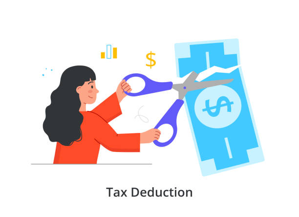 концепция налогового вычета - cutting scissors currency dollar stock illustrations