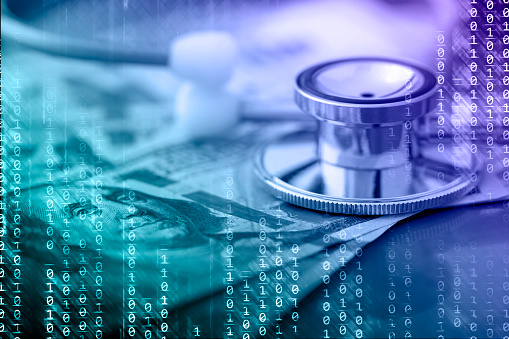 Abstract technology background with binary code, US dollars and a stethoscope. Can be used as a concept of internet paid medicine, digital financial security, etc.
