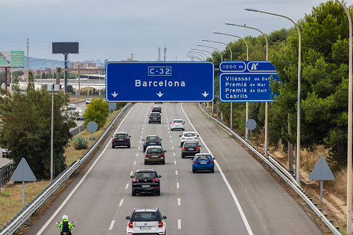 Catalonia, Spain - September 27th, 2021: Rush hour on C-32 motorway in Barcelona, Mediterranean highway, European roads, on September 27th, 2021.