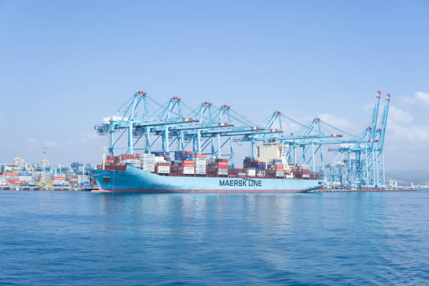 Algeciras, Cadiz, Spain; 18 August 2021: A Maersk Line freighter is docked on harbor, waiting to load containers