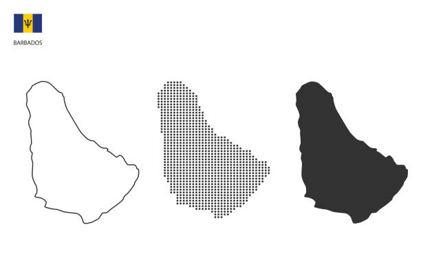3つのバージョンのバルバドスは、薄い黒のアウトラインのシンプルなスタイル、黒のドットスタイルとダークシャドウスタイルによって都市ベクトルをマップします。すべて白い背景に。 - barbados点のイラスト素材／クリップアート素材／マンガ素材／アイコン素材