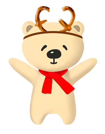 Teddy bear in a red scarf and tied deer horns with raised legs