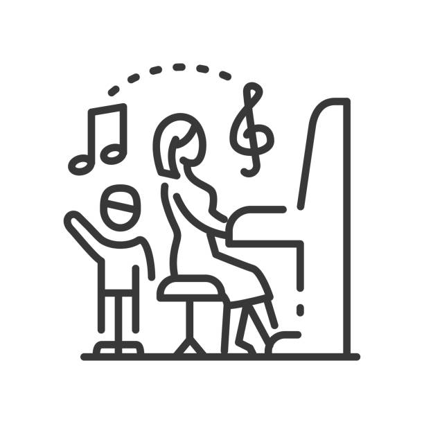 musikunterricht - vektorliniendesign einzelnes isoliertes symbol - teaching music learning sign stock-grafiken, -clipart, -cartoons und -symbole