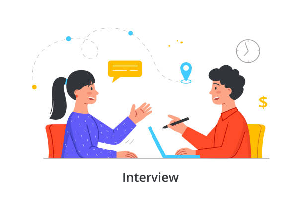 Girl came for interview Girl came for interview. HR man interviewing potential employees, defining professional skills. Checking employees, communication. Cartoon flat vector illustration isolated on white background interviewing stock illustrations