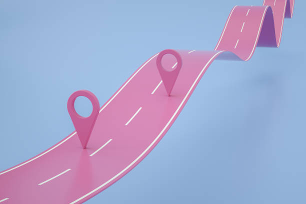 3d rendering of Navigation Map Pointer, Marker Pin, Travel Destinations on Road.