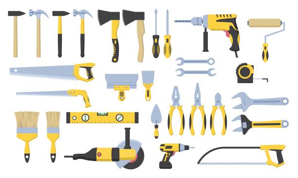 набор строительных инструментов - drill bit drill power tool isolated stock illustrations