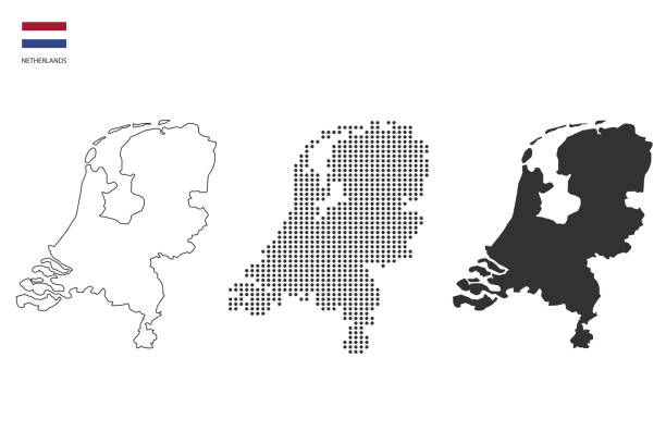 네덜란드의 3 버전은 얇은 검은 색 윤곽 단순 스타일, 블랙 닷 스타일과 다크 섀도우 스타일로 도시 벡터를 매핑합니다. 모든 흰색 배경에. - netherlands stock illustrations