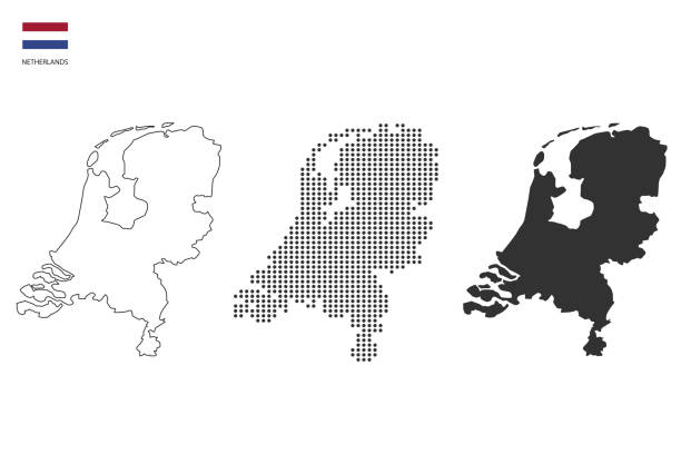 ilustrações de stock, clip art, desenhos animados e ícones de 3 versions of netherlands map city vector by thin black outline simplicity style, black dot style and dark shadow style. all in the white background. - netherlands