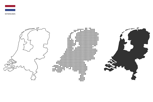 3 versions of Netherlands map city vector by thin black outline simplicity style, Black dot style and Dark shadow style. All in the white background.