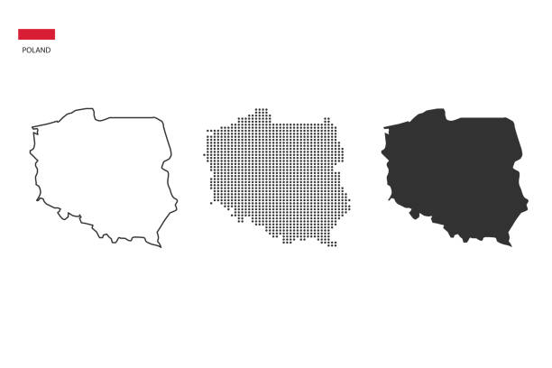 ilustraciones, imágenes clip art, dibujos animados e iconos de stock de 3 versiones del mapa de polonia vector de la ciudad por estilo de simplicidad de contorno negro delgado, estilo de punto negro y estilo de sombra oscura. todo en el fondo blanco. - poland