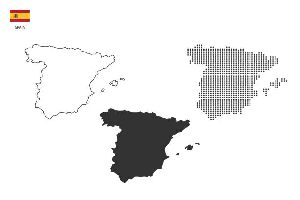 3 wersje wektora miasta mapy hiszpanii według cienkiego czarnego konturu w stylu prostoty, stylu czarnej kropki i stylu ciemnego cienia. wszystko na białym tle. - spain stock illustrations