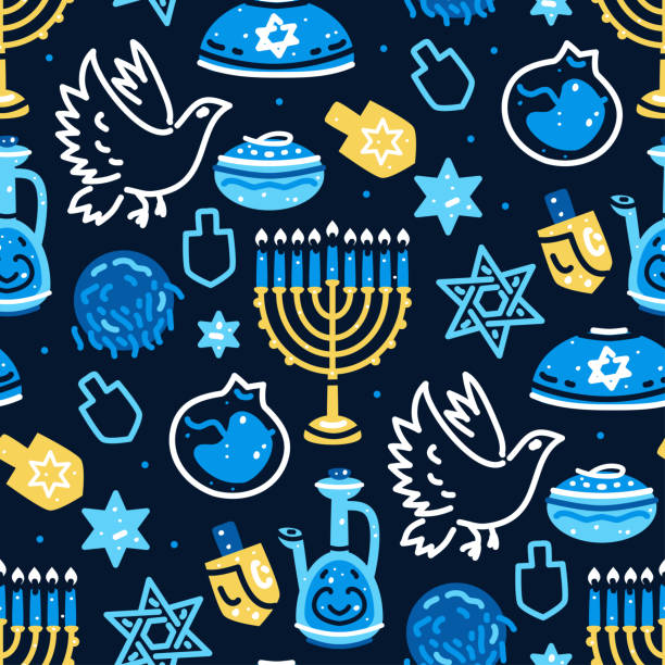 Traditional Hanukkah seamless pattern with symbols of the jewish holiday. Traditional Hanukkah seamless pattern with symbols of the jewish holiday. Vector surface print illustration. Background with Jewish star, candles, dreidel. Chanuka fabric. Vector illustration hanukkah candles stock illustrations