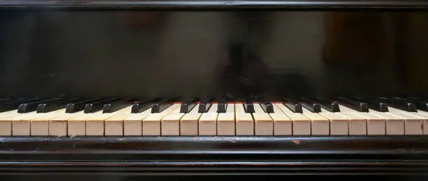 Photo of Old black grand piano keyboard with keys from ivory and ebony, part of a musical instrument in panoramic format, copy space, selected focus, narrow depth of field