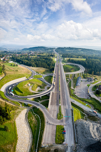 Skomielna Biala area - new S7 motorway  with a visible, unfinished entrance to the tunnel  between Krakow and Zakopane, Poland