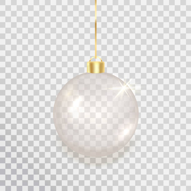 Silver christmas ball on transparent background. Festive present card. Luxury bauble design element. Xmas decoration. Clear glass hang toy decor. New year gift. Glitter sphere. Vector illustration Silver christmas ball on transparent background. Festive present card. Luxury bauble design element. Xmas decoration. Clear glass hang toy decor. New year gift. Glitter sphere. Vector illustration. christmas ornament stock illustrations