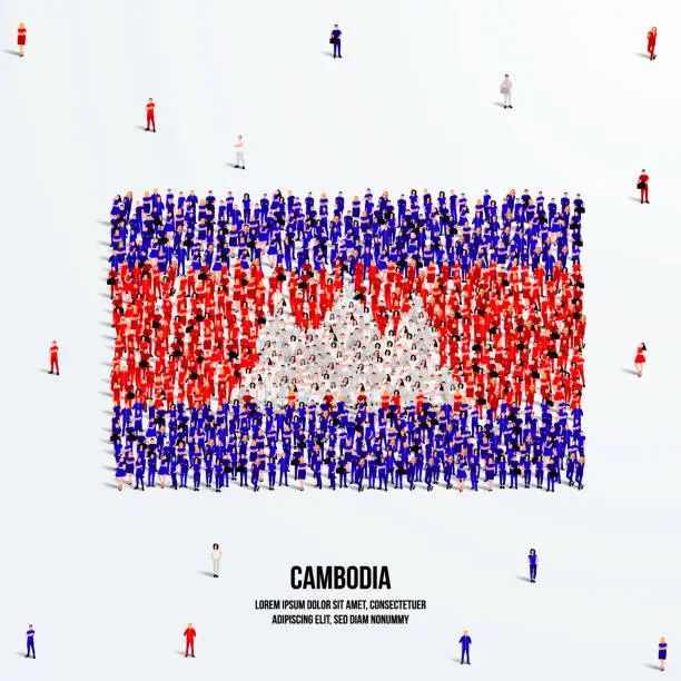 Vector illustration of Cambodia Flag. A large group of people form to create the shape of the Cambodia flag. Vector Illustration.