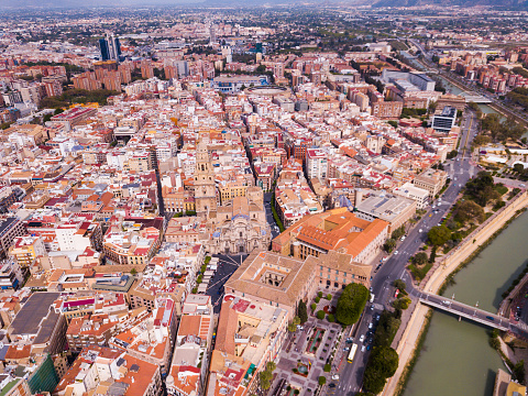 Aerial view of part of european city  Murcia with coast line of segura river, Spain