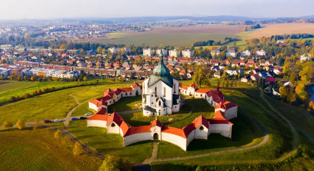 Picturesque aerial view of Czech Zdar nad Sazavou cityscape with Church of Saint John of Nepomuk at sunny fall day