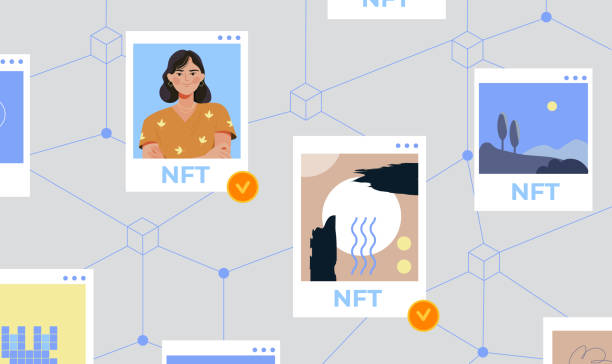 Non fungible token Non fungible token. Cryptocurrency, internet security, investment. New currency, financial literacy. Marketplace with crypto art items. Cartoon flat vector illustration isolated on grey background non fungible token stock illustrations