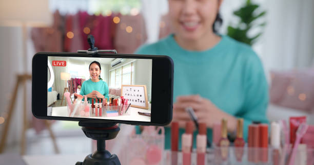 Asia woman micro influencer record live viral video camera at home studio. Happy fun talk speak advice review hobby in media. Vlogger selfie shoot enjoy work show smile teach like share app. Asia woman micro influencer record live viral video camera at home studio. Happy fun talk speak advice review hobby in media. Vlogger selfie shoot enjoy work show smile teach like share app. live broadcast photos stock pictures, royalty-free photos & images