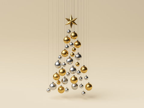 Christmas decorative balls hung in the shape of a tree on a beige background. 3d rendering