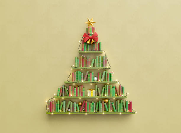 bücherregale mit büchern in form eines weihnachtsbaums - pyramide sammlung stock-fotos und bilder