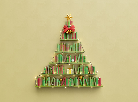 bookshelves with books in the shape of christmas tree with ornaments and string of lights. concept of education, vacations and christmas. 3d rendering