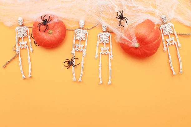 istock Halloween pumpkin with spider web, skeleton and black spiders on orange background. 1345359107