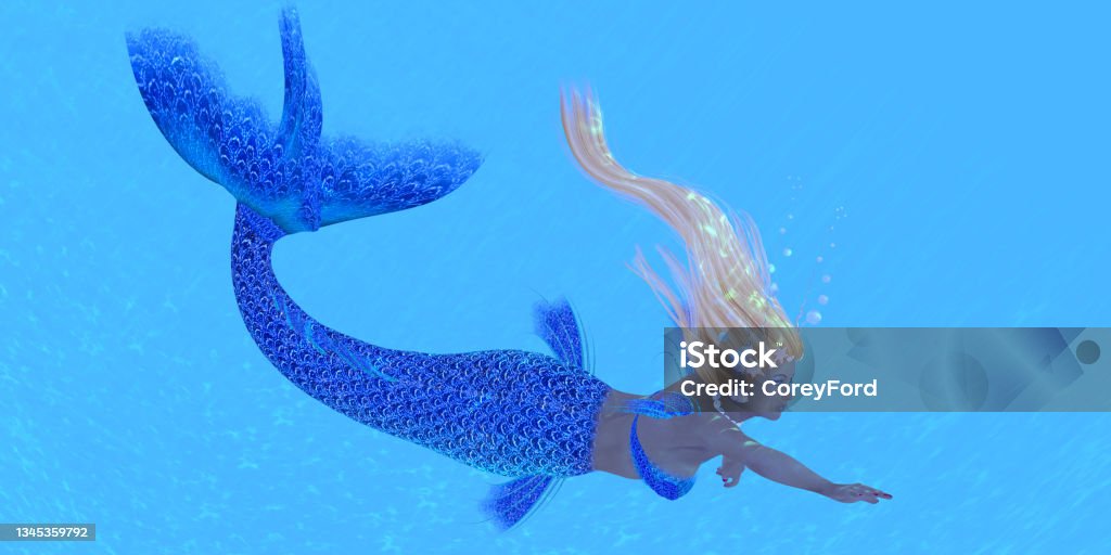 Lilith Siren Mermaid A beautiful blue mermaid swims in clear tropical waters. Adult Stock Photo