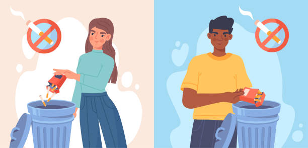Man and woman quit smoking Man and woman quit smoking. Healthy lifestyle, people get rid of bad habits. Taking care of your health, harm from cigarettes. Guy and girl throw pack in garbage. Cartoon flat vector illustration anti tobacco day stock illustrations