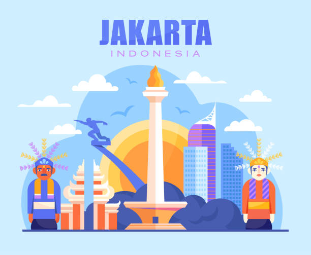 Vibrant city of Jakarta Vibrant city of Jakarta. Indians, culture, abstract images. Old cultures, ancient countries and cities. Unusual traditions, big houses. Cartoon flat vector illustration isolated on blue background indonesia stock illustrations