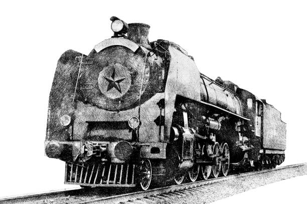 Vintage steam train locomotive. Old steam engine locomotive. Train drawing on white background.