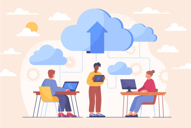 Company infrastructure concept Company infrastructure concept. People work together, cloud file storage, office personal server. Modern technology, communication. Cartoon flat vector illustration isolated on white background cloud computing illustrations stock illustrations