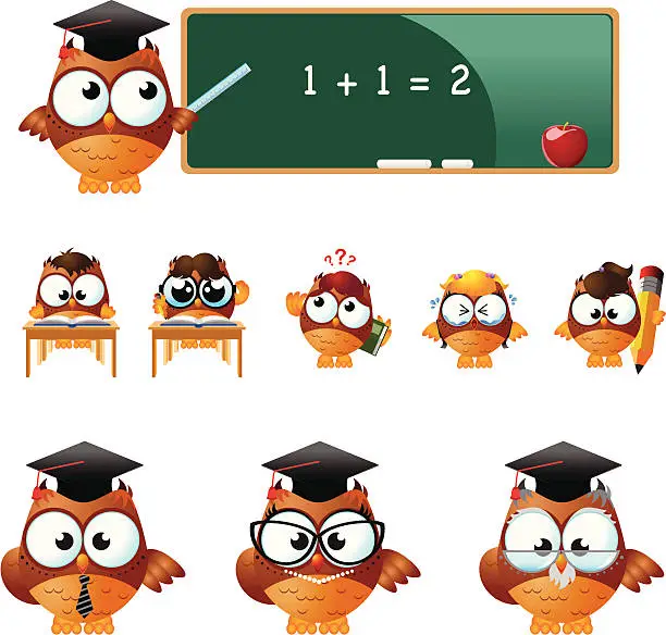 Vector illustration of Set of school and education icons with an owl