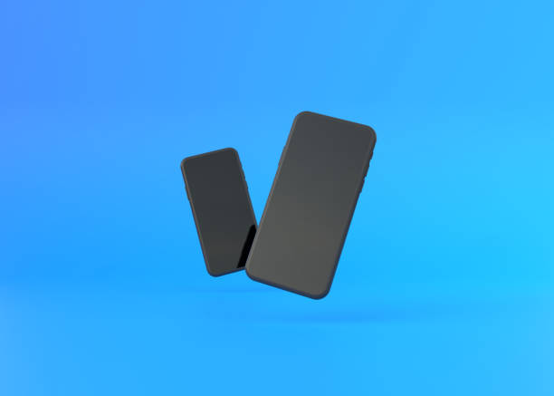 istock Two phones mockup are hovering on a blue background 1345361757