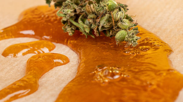 Cannabis Buds and Golden THC Concentrate Wax, Medicinal Marijuana stock photo